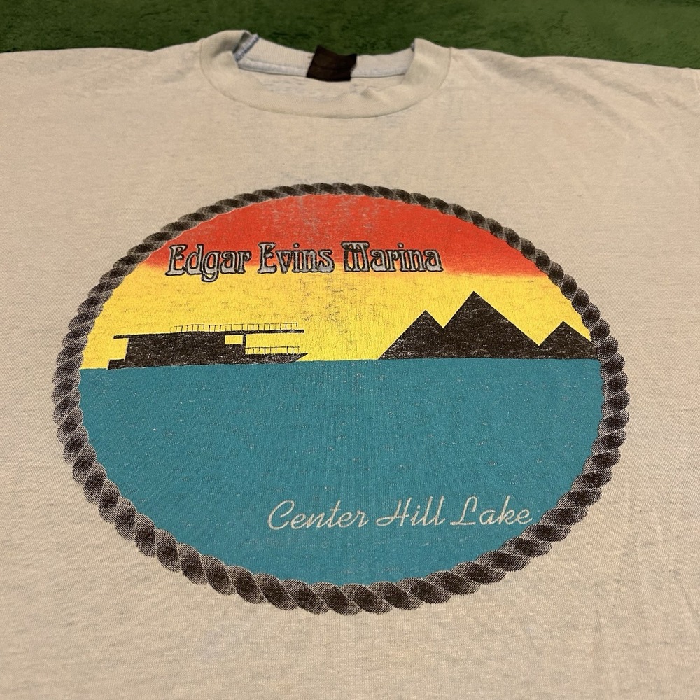 Vintage 90s Edgar Evins Marina Center Hill Lake Blue T-Shirt Mens XL USA Made